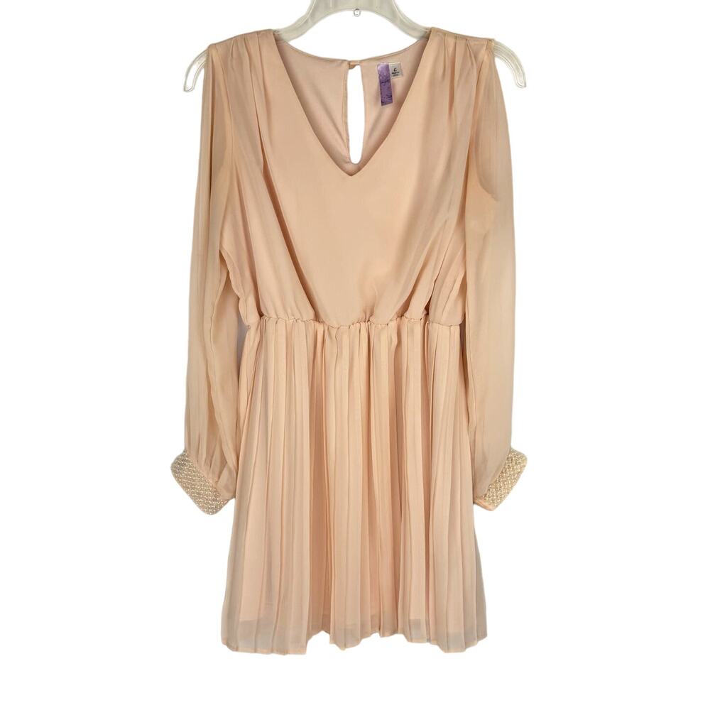 Alya Cream Pink Chiffon Long Sleeve Pleated Beaded A-Line Dress Women Large